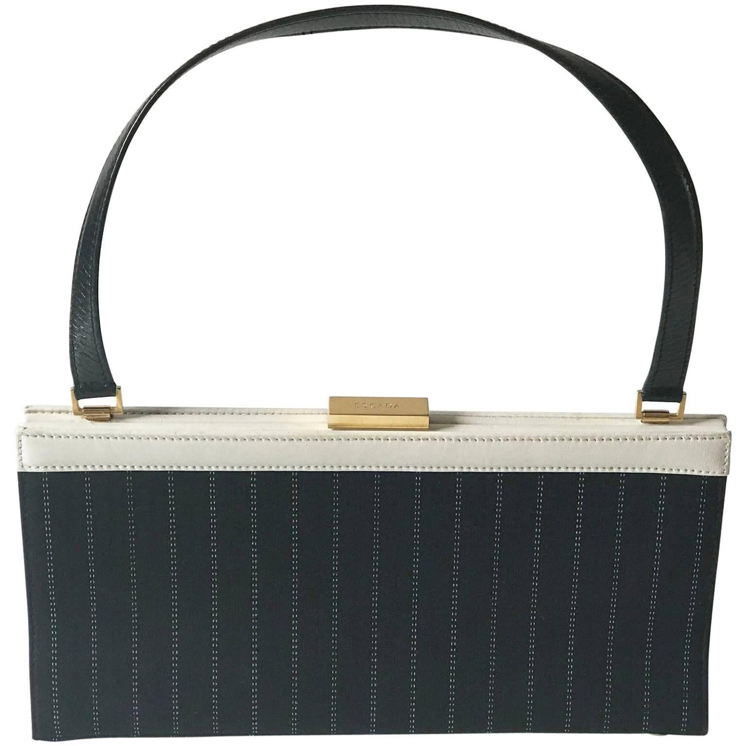 Escada Handbag, black diplomatic stripe canvas  and white leather. For Sale