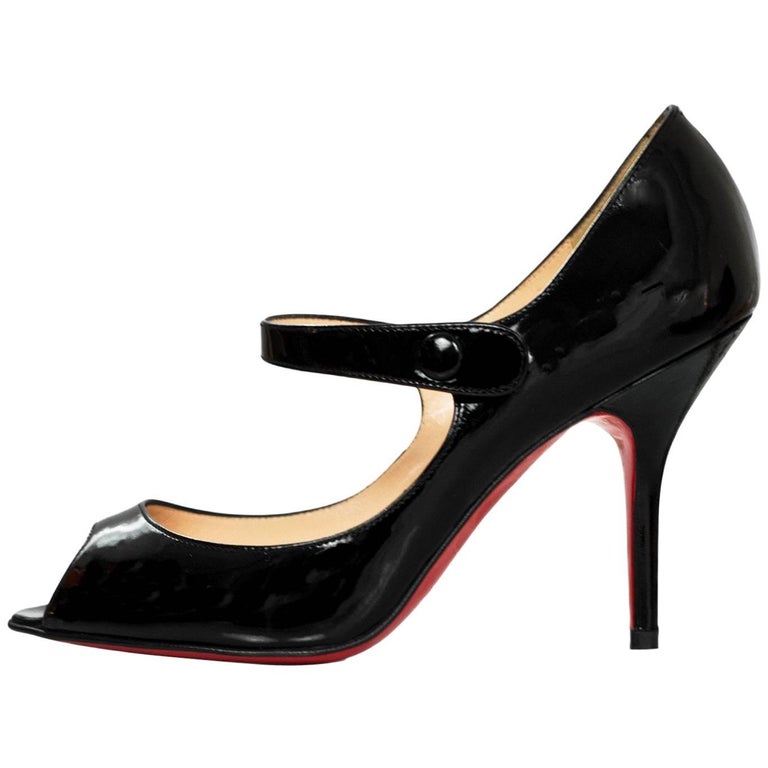 Christian Louboutin Black Patent PeepToe Mary Jane Pumps Sz 35.5 For Sale at 1stDibs