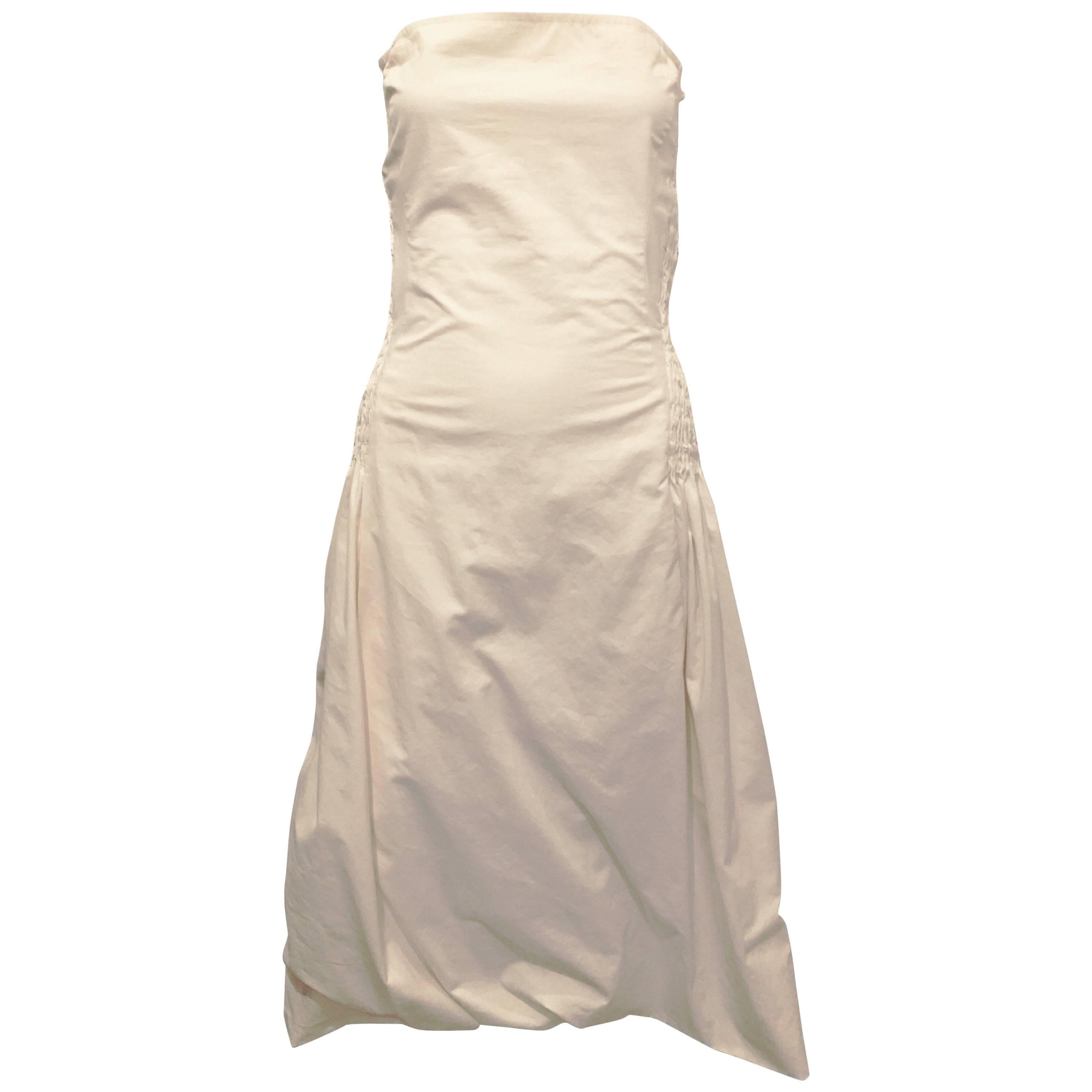 Donna Karan Cotton Smocked Strapless Dress, 1990s  For Sale