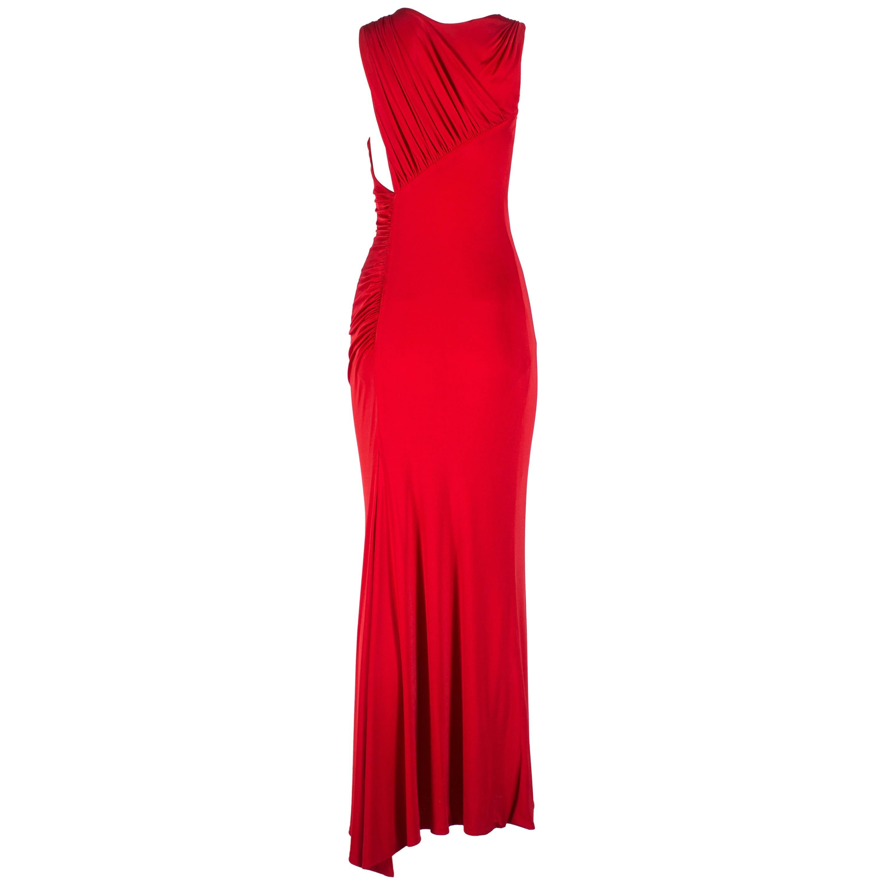 Gianni Versace red silk jersey pleated full length evening dress, 1990s