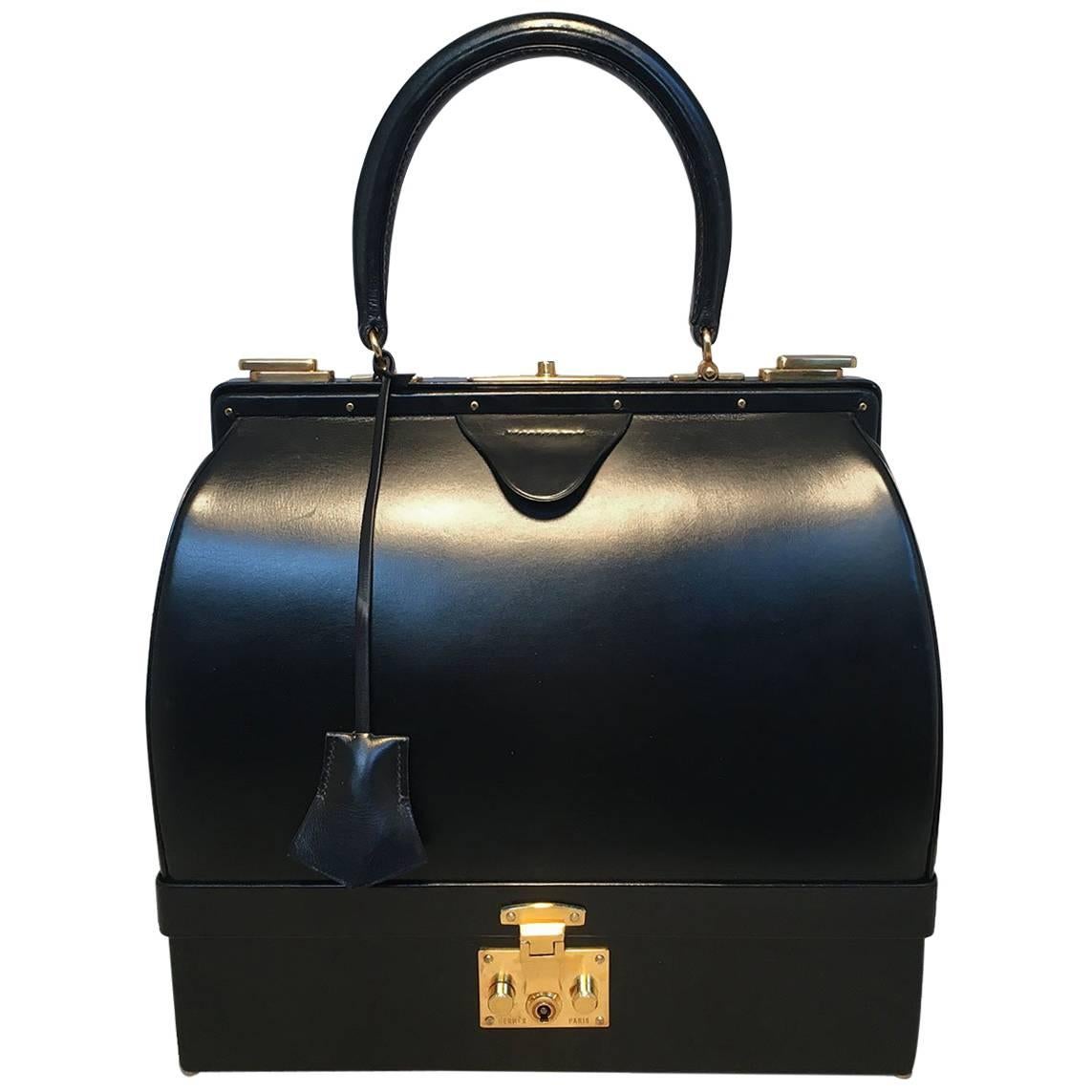 Hermes Vintage Black Box Calf Sac Mallette Handbag