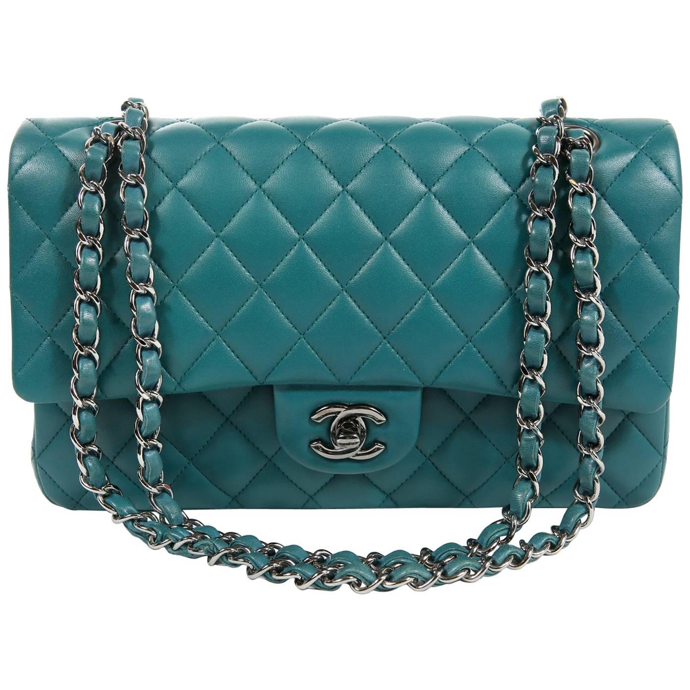 CHANEL Double Flap M/L Chevron Turquoise Lambskin Champagne Gold Hardware  2017