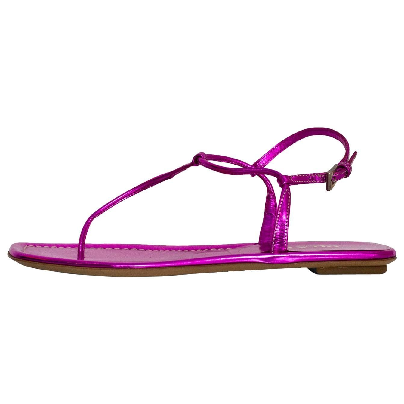 Prada Pink Metallic T-Strap Sandals Sz 35.5 NEW