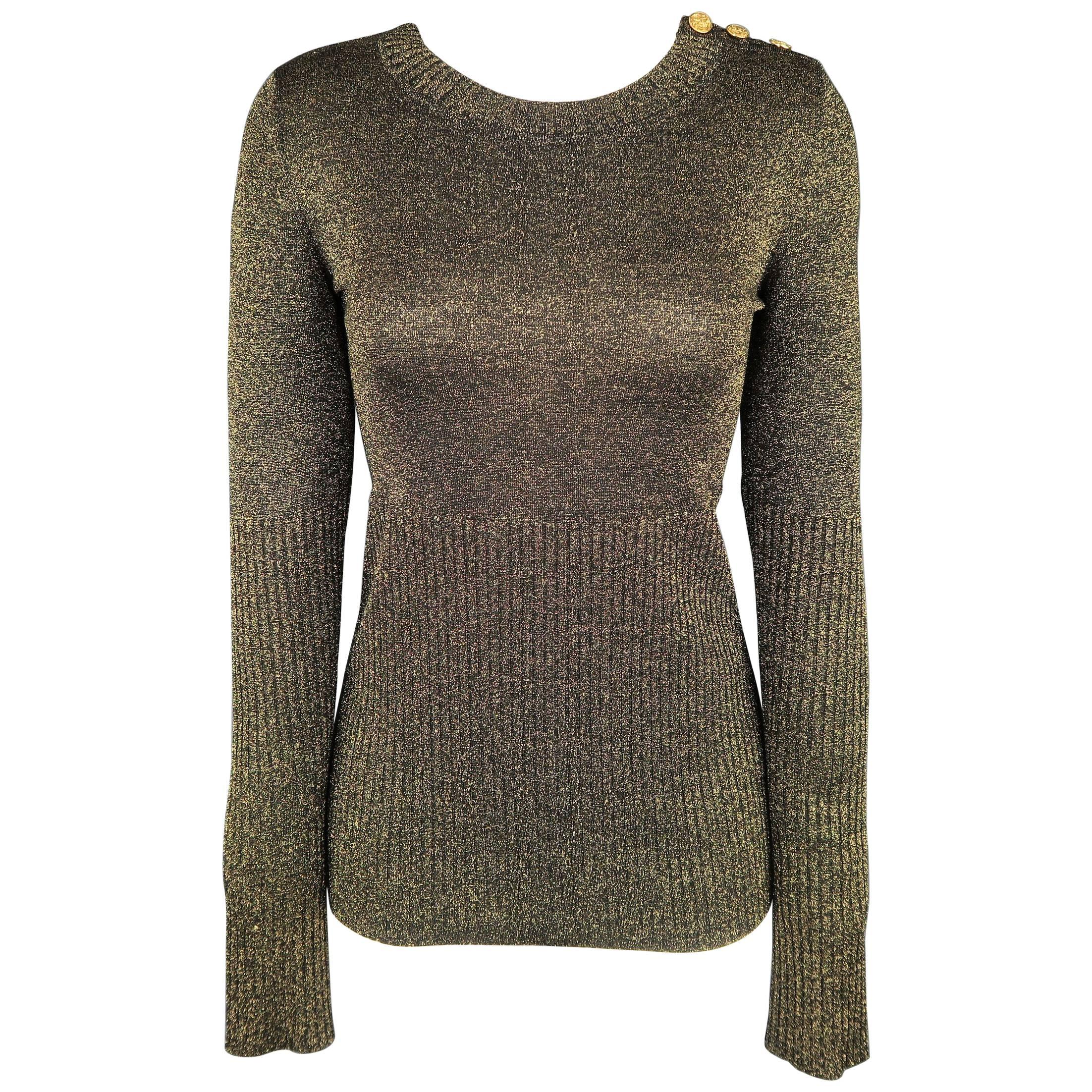CHANEL Sweater - Size 6 Gold Wool Blend Lurex Button Shoulder Pullover