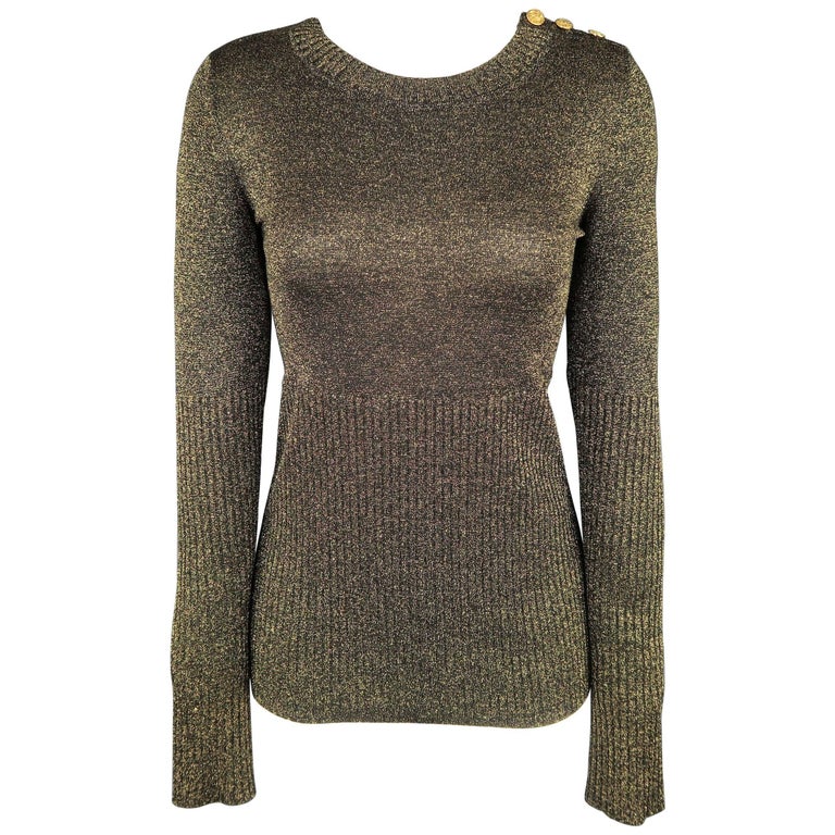 CHANEL Sweater - Size 6 Gold Wool Blend Lurex Button Shoulder Pullover ...