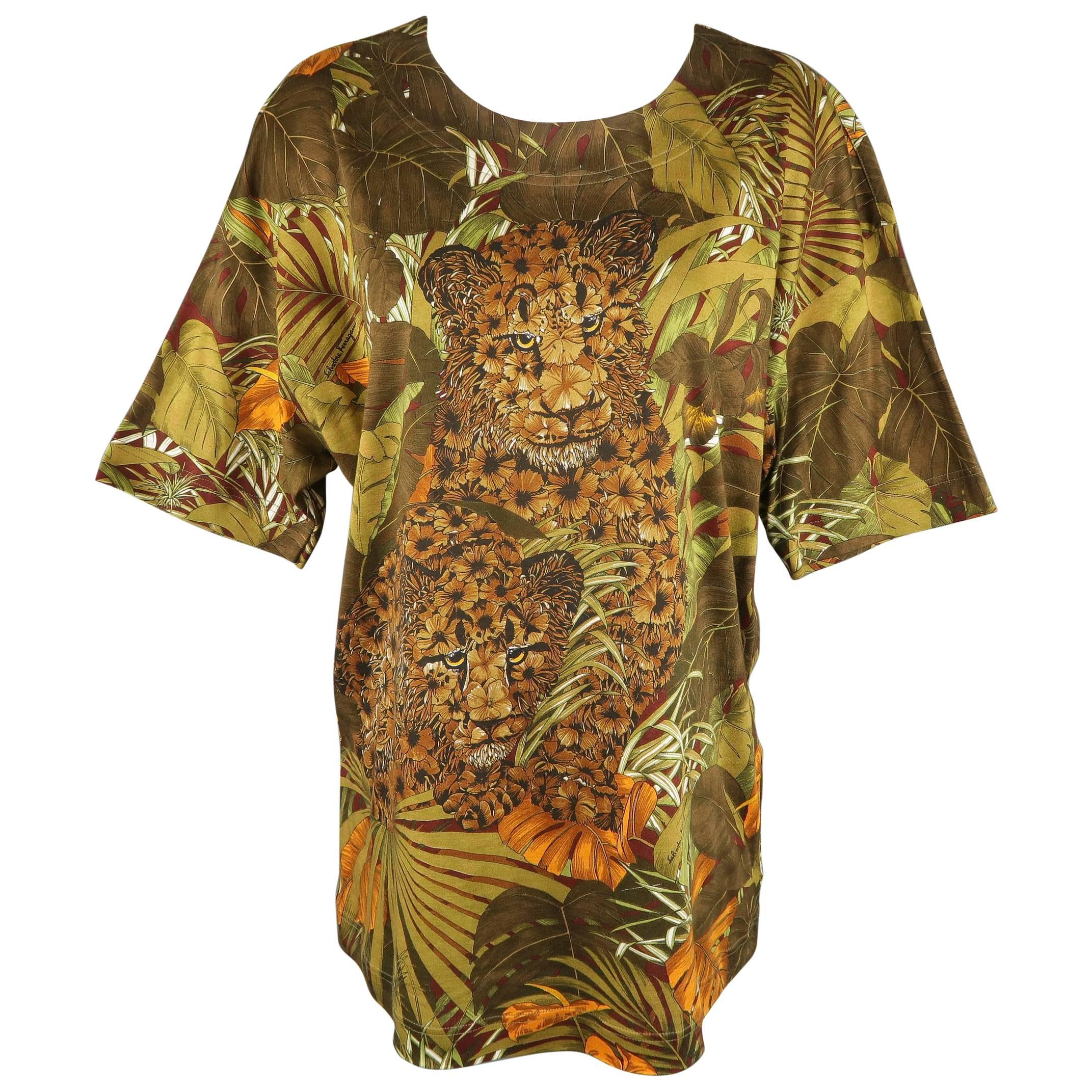 SALVATORE FERRAGAMO Size XS Olive Leaves & Tigers Jungle Print Cotton T-shirt