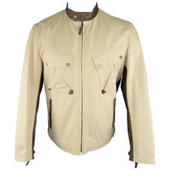 Dunhill Men's 40 Khaki Cotton and Brown Leather Motorcycle Jacket