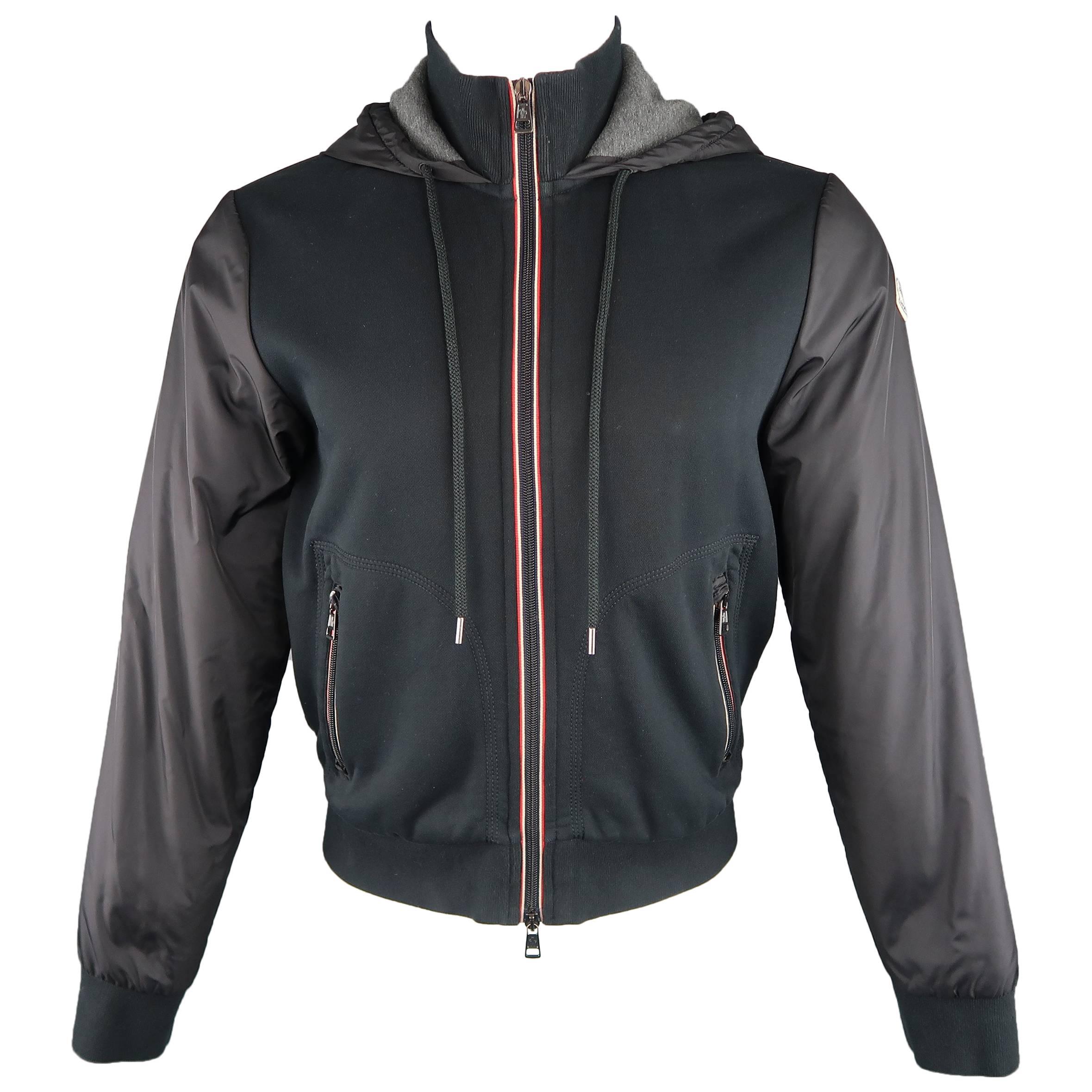 Moncler Men's M Black Jersey and Nylon Hooded Zip Jacket