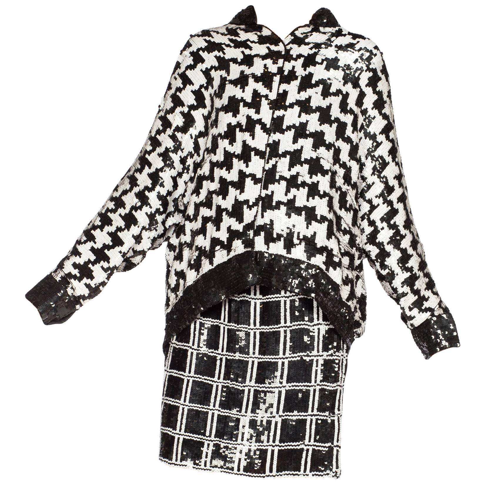 Black and White Houndstooth Sequin Bomber Jacket and Skirt