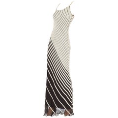 1990s Black & White Bias Cut Silk Chiffon Op-Art Beaded Stripe Gown