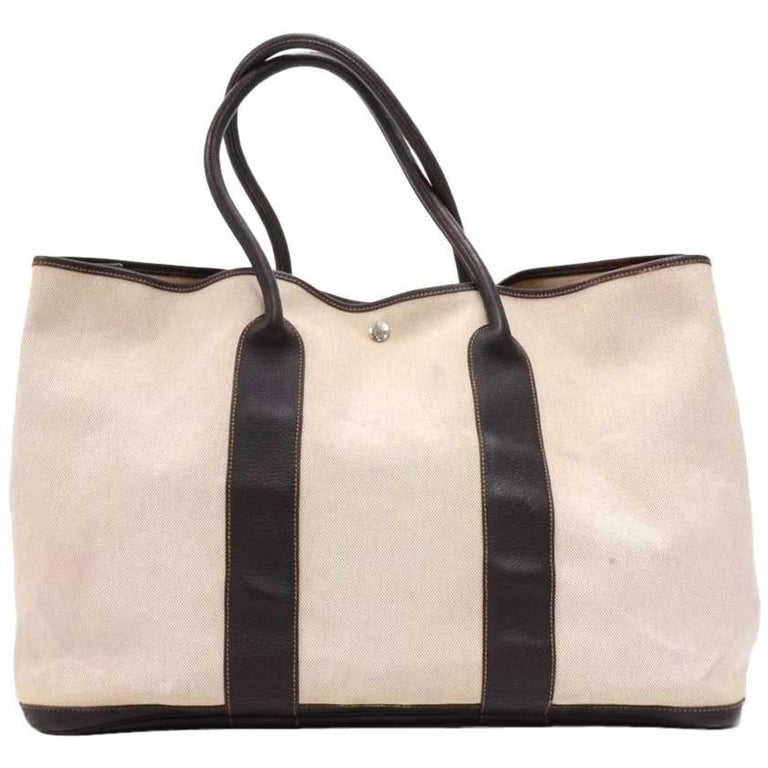 Hermes Garden Party GM Chocolate Brown Leather Beige Canvas Hand Bag