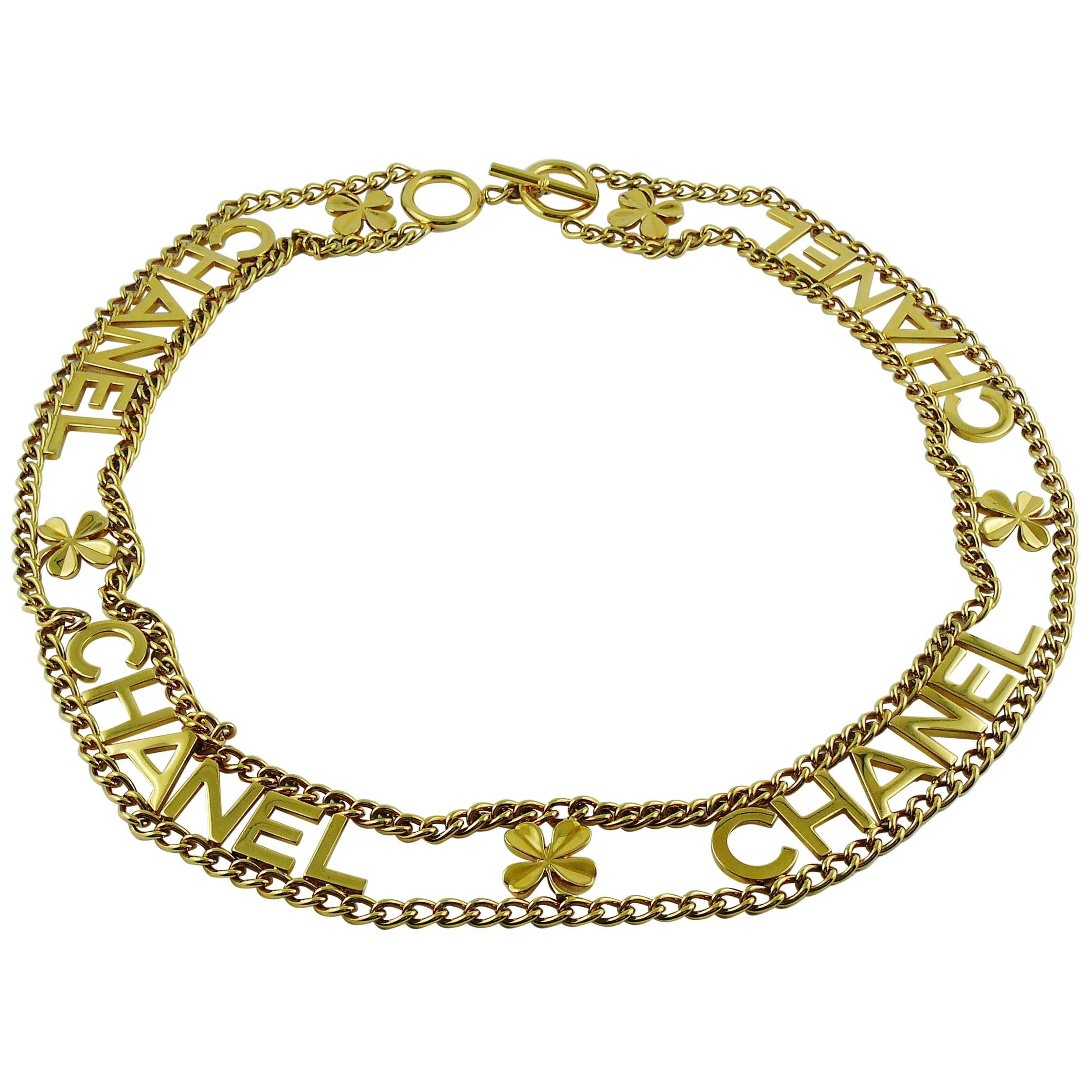 Chanel Vintage Gold Toned Chain Belt with Chanel Letters and Clovers, 1998 
