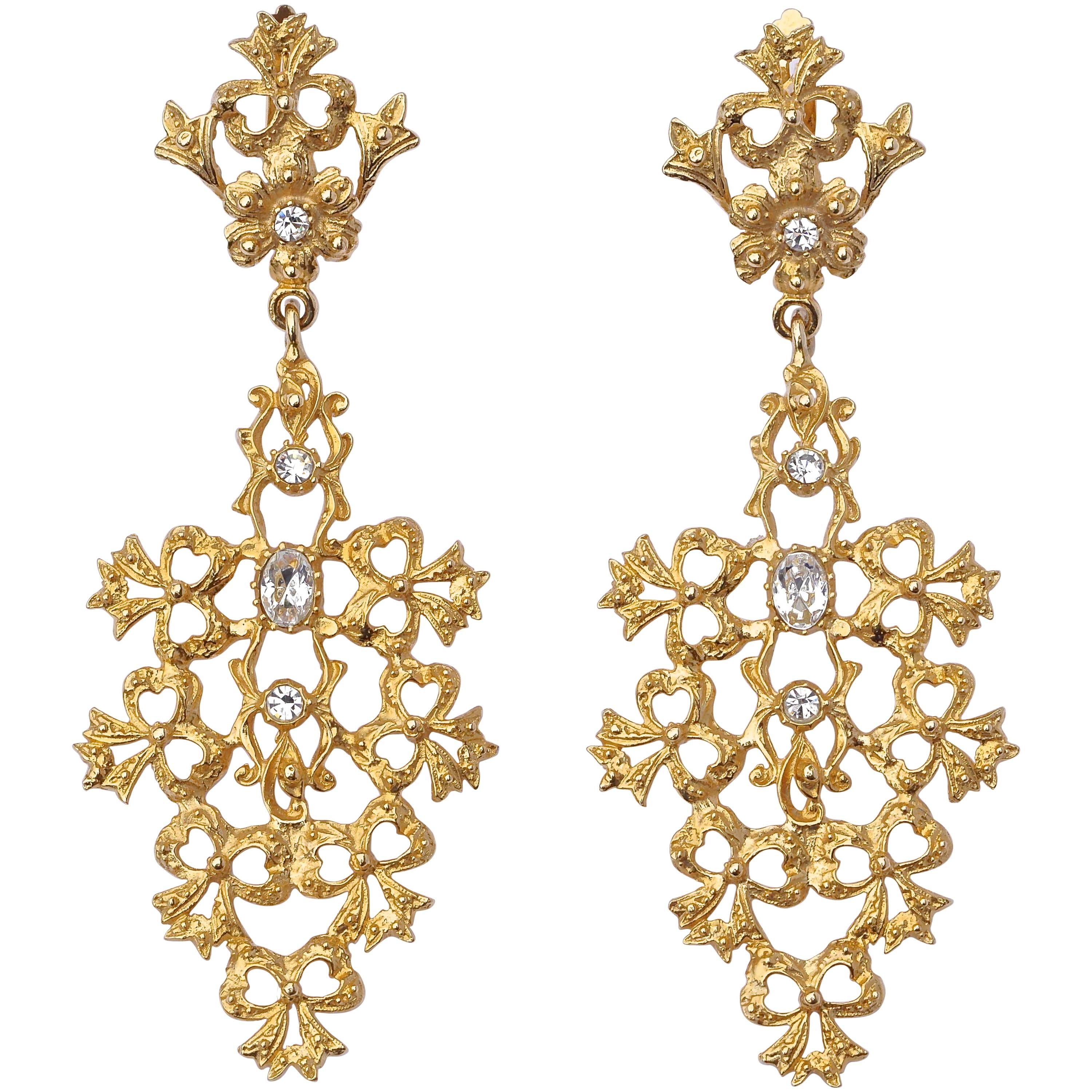 Gold Tone Clear Rhinestones Flower Bows Chandelier Vintage Statement Earrings