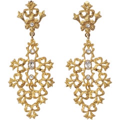 Gold Tone Clear Rhinestones Flower Bows Chandelier Vintage Statement Earrings