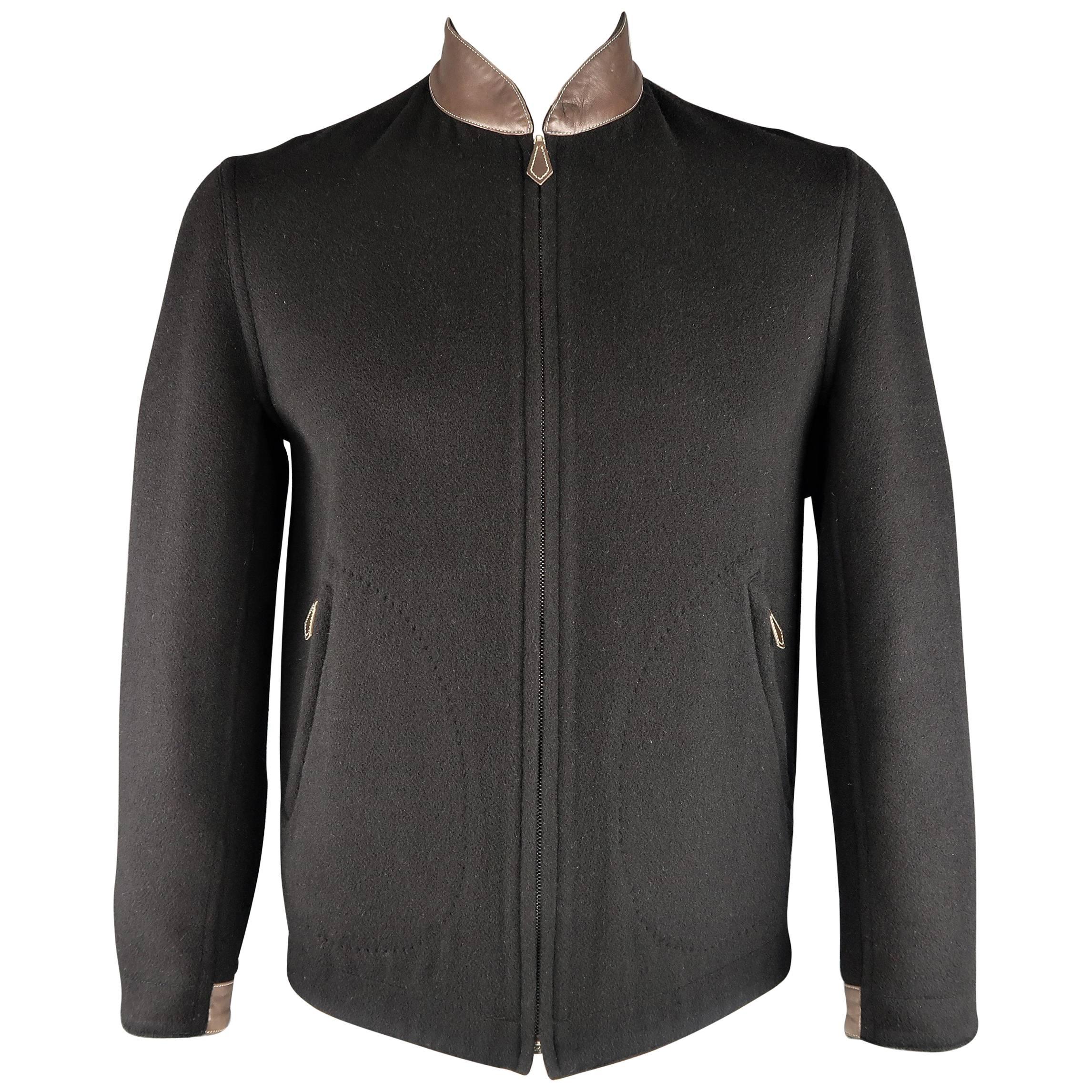 Hermes Men's Black Cashmere Leather Baseball Collar Jacket