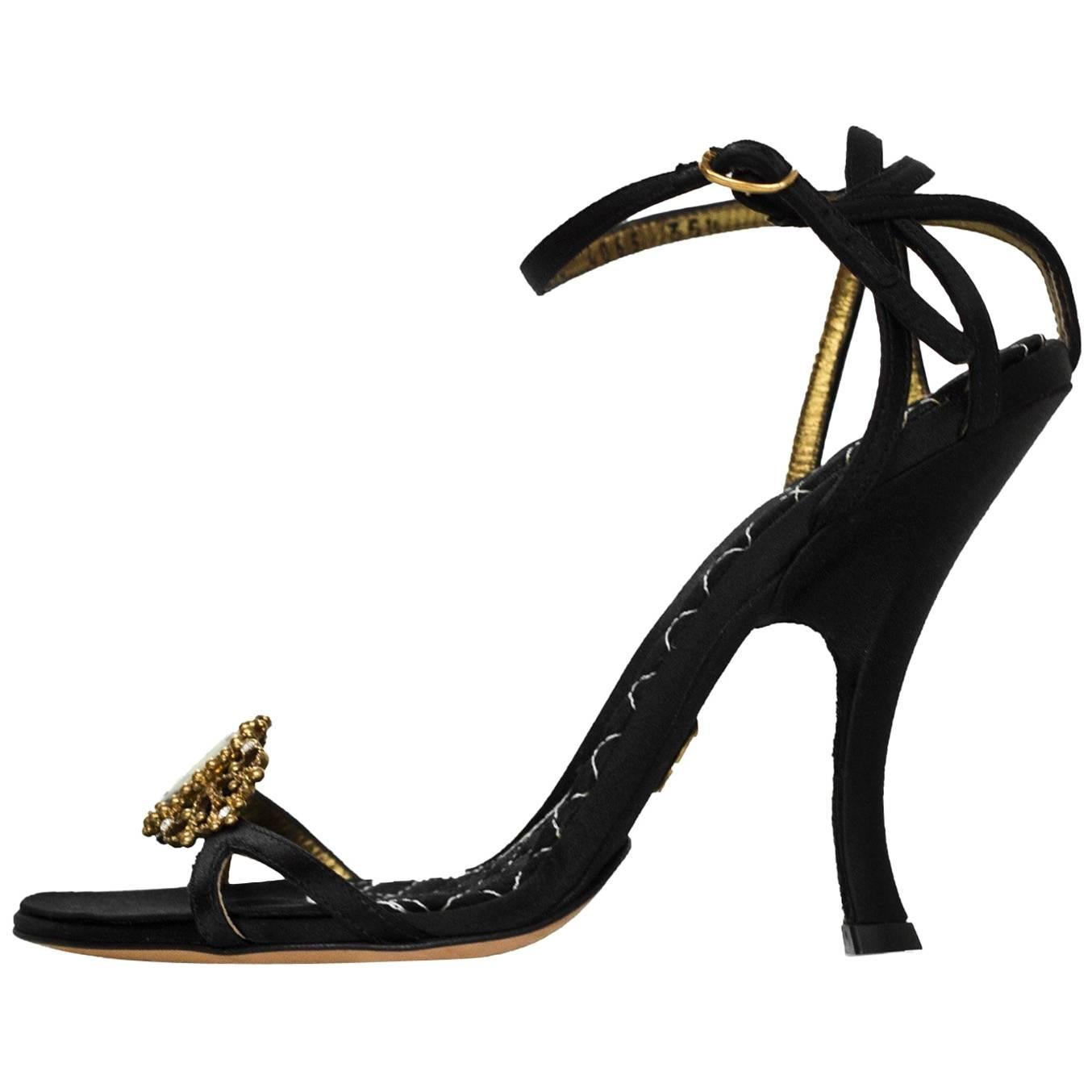 Dolce & Gabbana Black Satin Cameo Sandals Sz 35.5