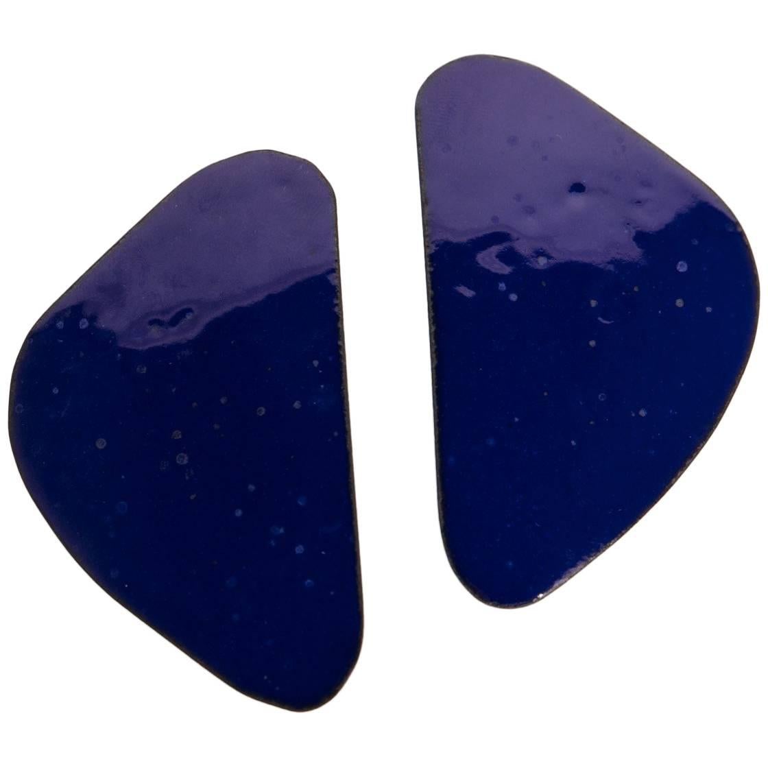 Michel McNabb for Basha Gold Large Blue Enamel Triangle Earrings For Sale