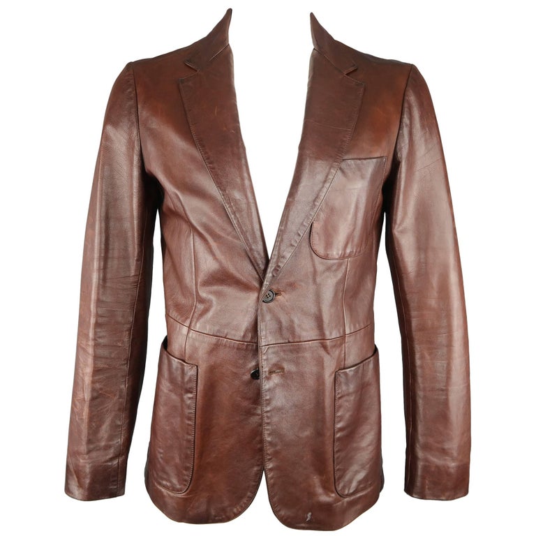 Men's PRADA 42 Brown Leather Notch Lapel Sport Coat Jacket at 1stDibs |  leather sport coat, prada brown jacket, mens brown prada leather jacket