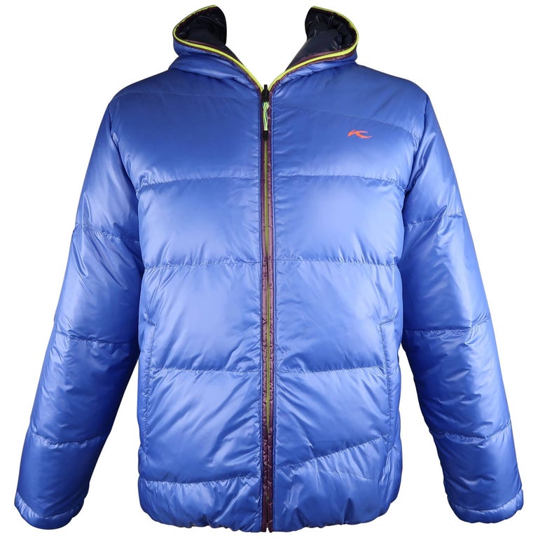 Men's KJUS 44 Blue / Navy Quilted Down Filled SHiny Nylon Hooded Puff  Jacket at 1stDibs