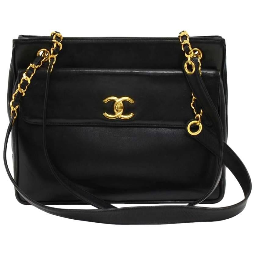 Vintage Chanel Black Lambskin Leather Medium Shoulder Tote Bag 