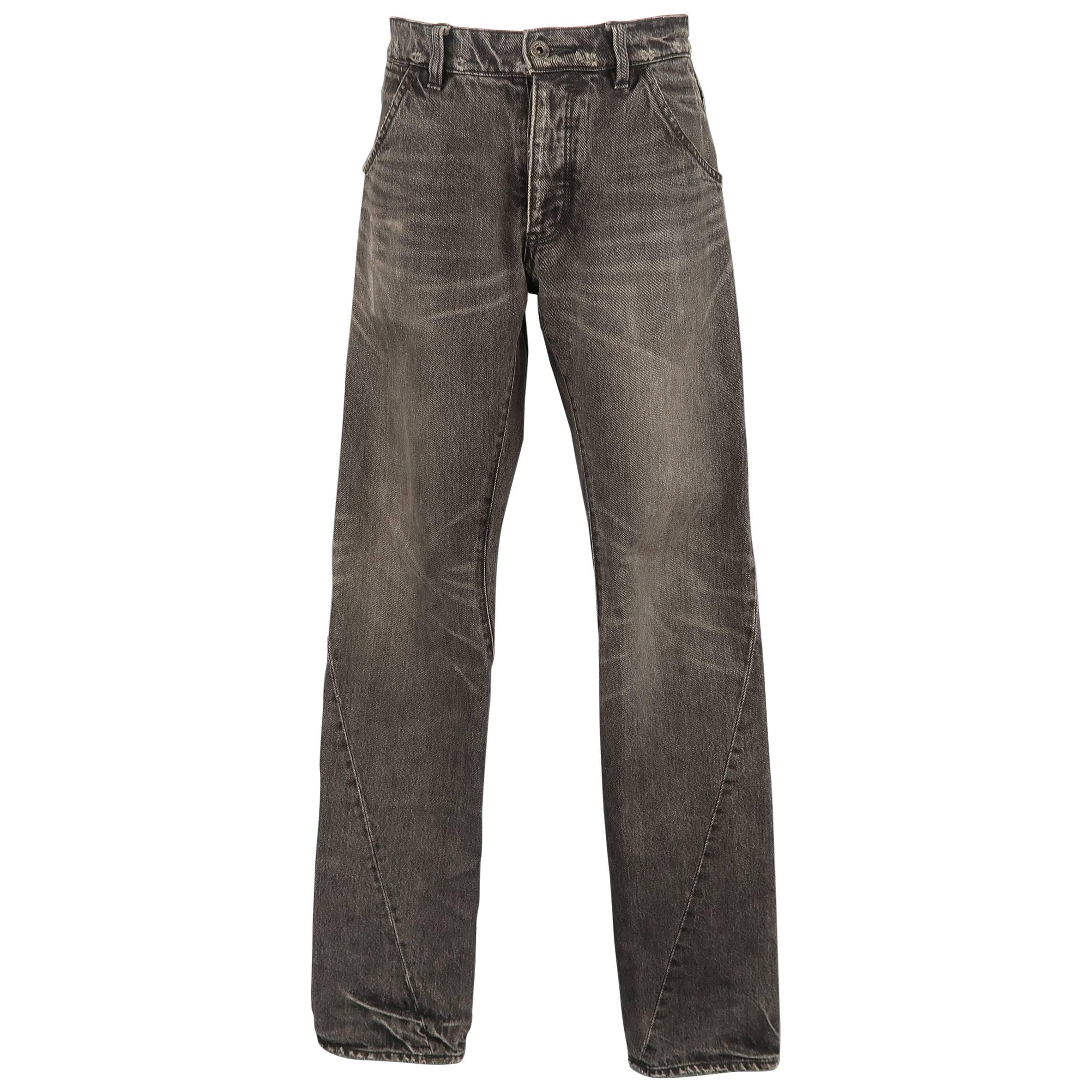 Men's ATTACHMENT Size 32 Charcoal Distressed Washed Denim Diagonal Seam Jeans