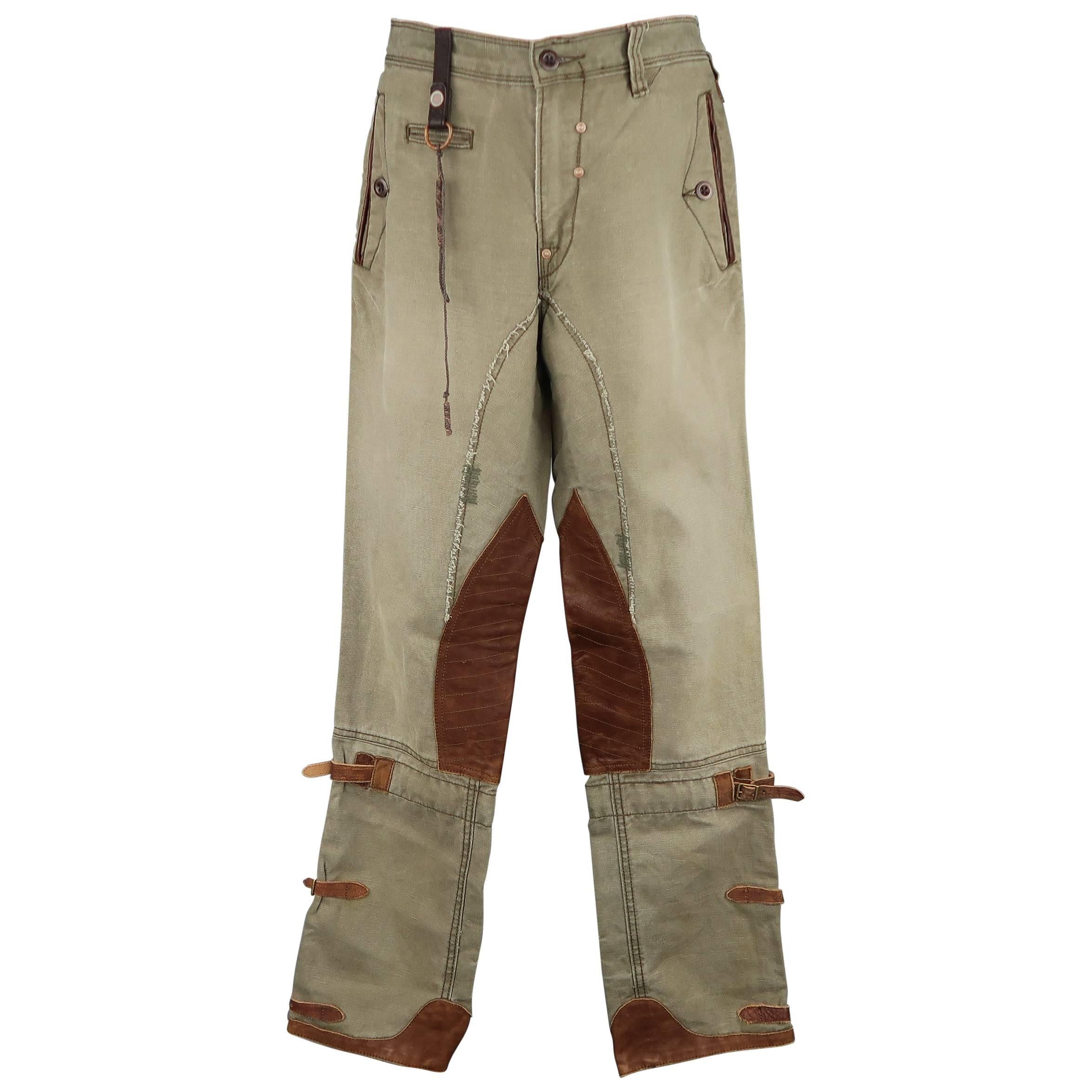 Men's RALPH LAUREN Size 32 Olive Canvas Tan Leather Panel Belt Tab Utility Pants