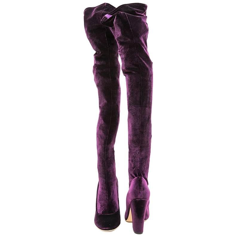 SERGIO ROSSI Thigh Boots in Plum Stretch Velvet Size 36