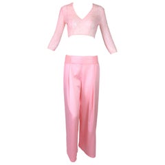 Christian Dior Vintage Sheer Baby Pink Lace Crop Top Wide Leg Pants Set, 1970s