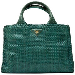 PRADA 'Madras' Shopping Bag in Peacock Green Braided Leather