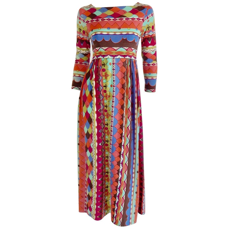Pucci vintage blue print empire cut wool and silk dress, 1970 For Sale ...