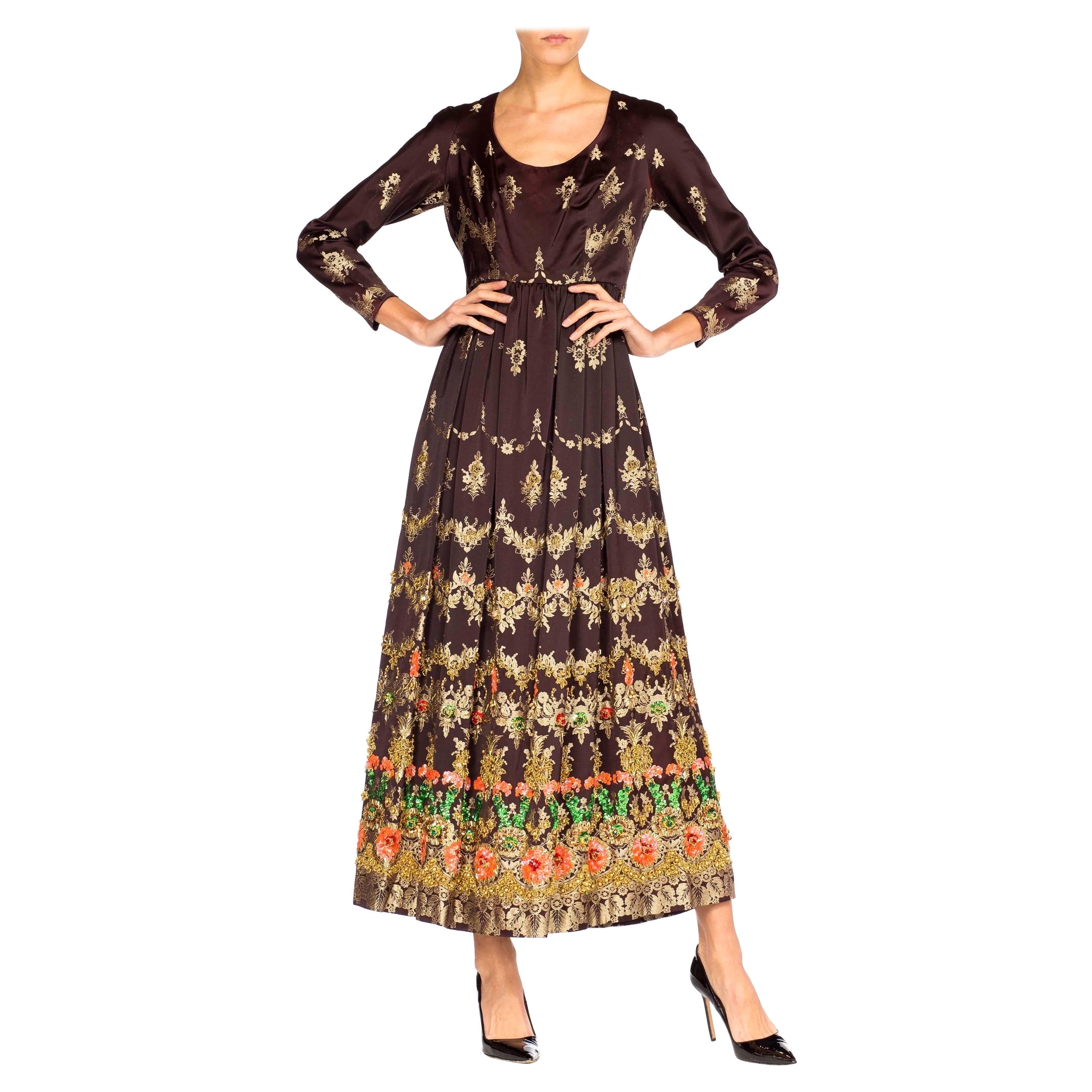 1960S AMELIA GRAY Black & Gold Hand Beaded Rayon/Lurex Brocade Gown For Sale