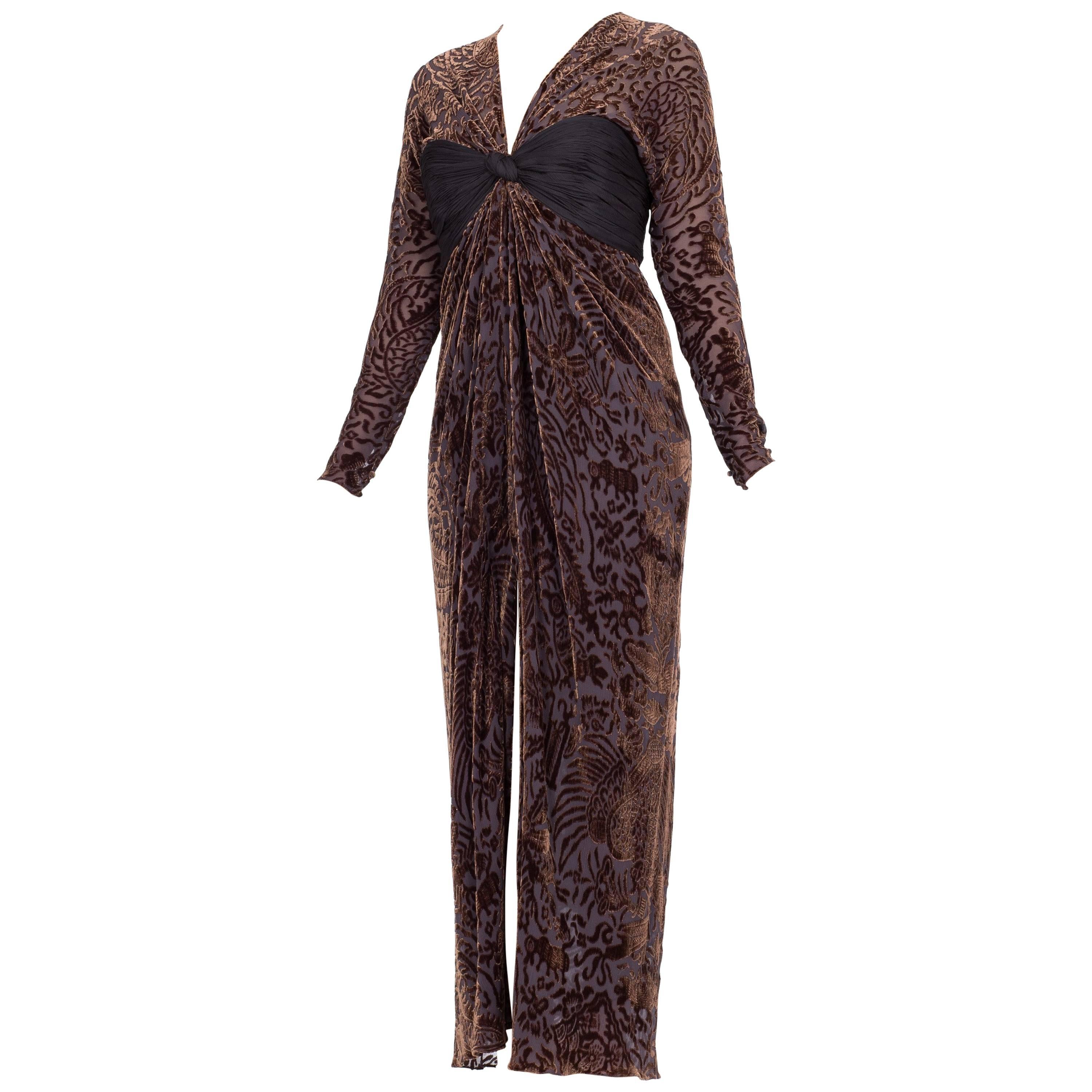 1970S OSCAR DE LA RENTA Silk Burnout Velvet & Draped Chiffon Gown With Sleeves For Sale