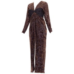 1970S OSCAR DE LA RENTA Silk Burnout Velvet & Draped Chiffon Gown With Sleeves