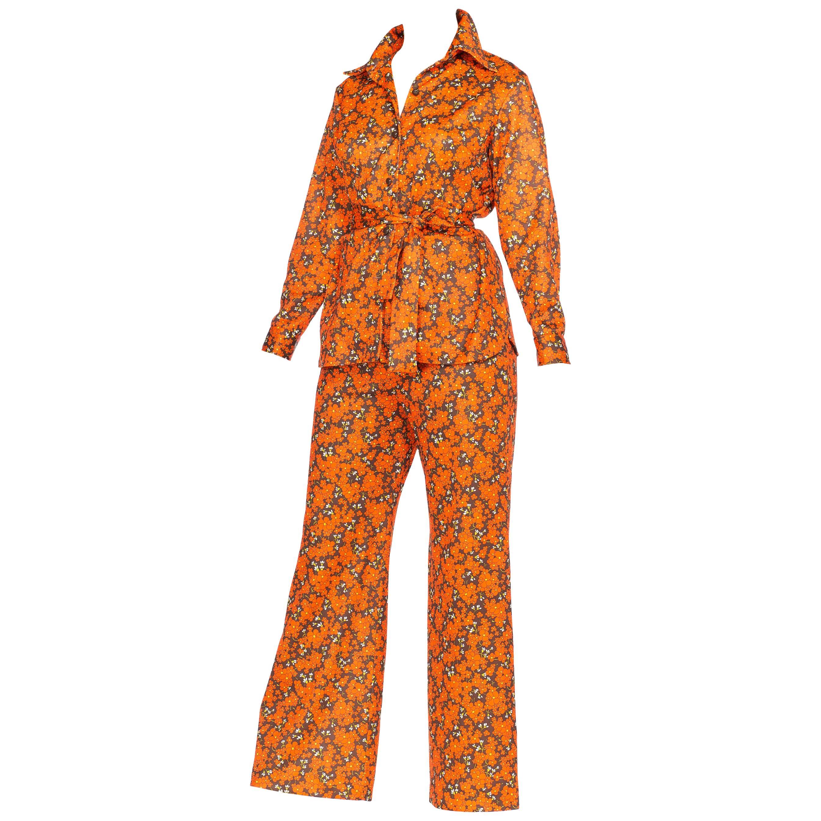 Orange and Brown Floral Mod Disco Pantsuit Set, 1970s