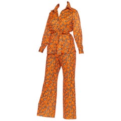 Orange and Brown Floral Mod Disco Pantsuit Set, 1970s