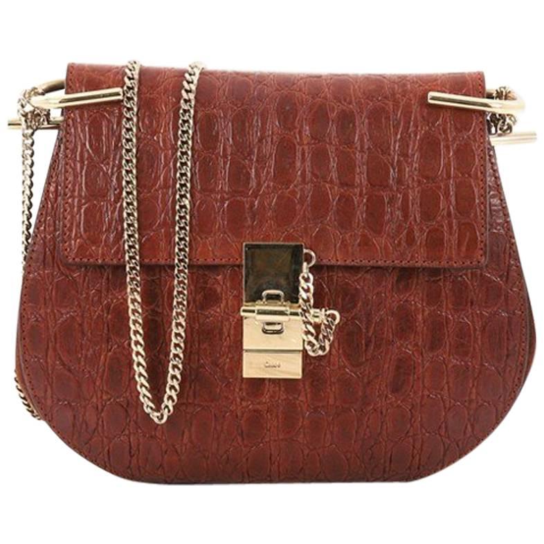 Chloe Drew Crossbody Bag Crocodile Embossed Leather with Suede Small