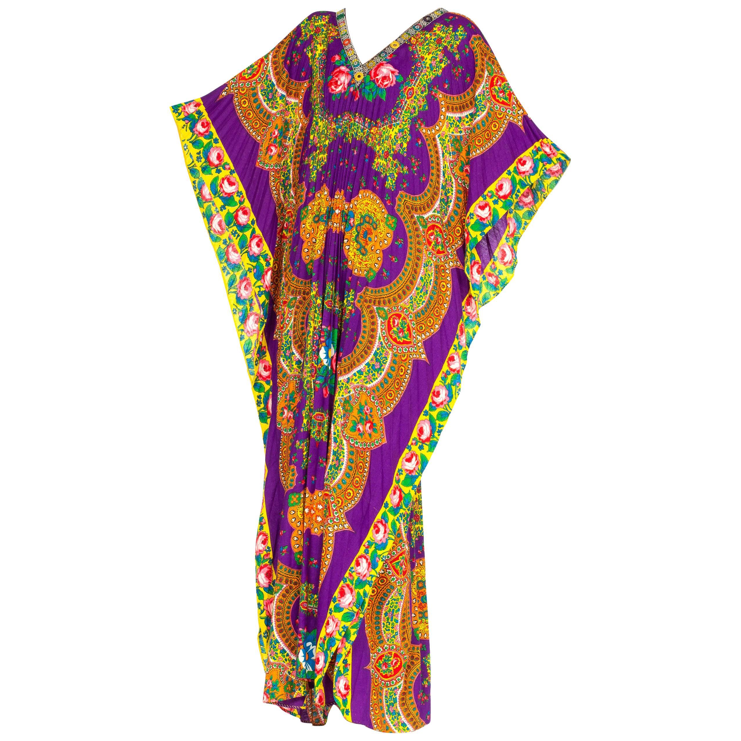 Boho Floral Paisley Kaftan with Ribbon Mirror Trim, 1970s