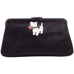 Vintage 1940s Black Leather Novelty Clutch Bag With Scottie Dog Detail