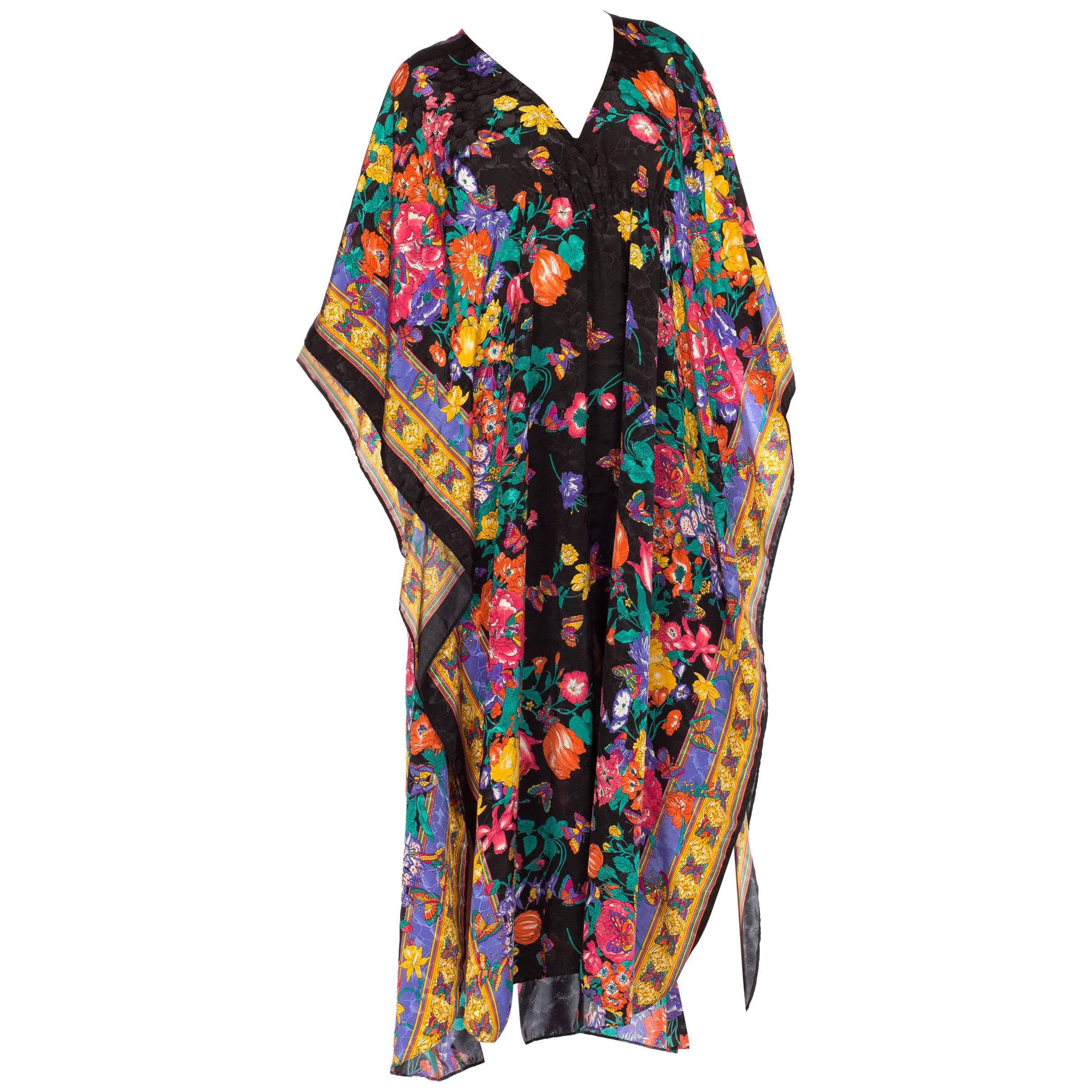 Black Satin Jacquard Floral Kaftan with Elastic Waist, 1980s 