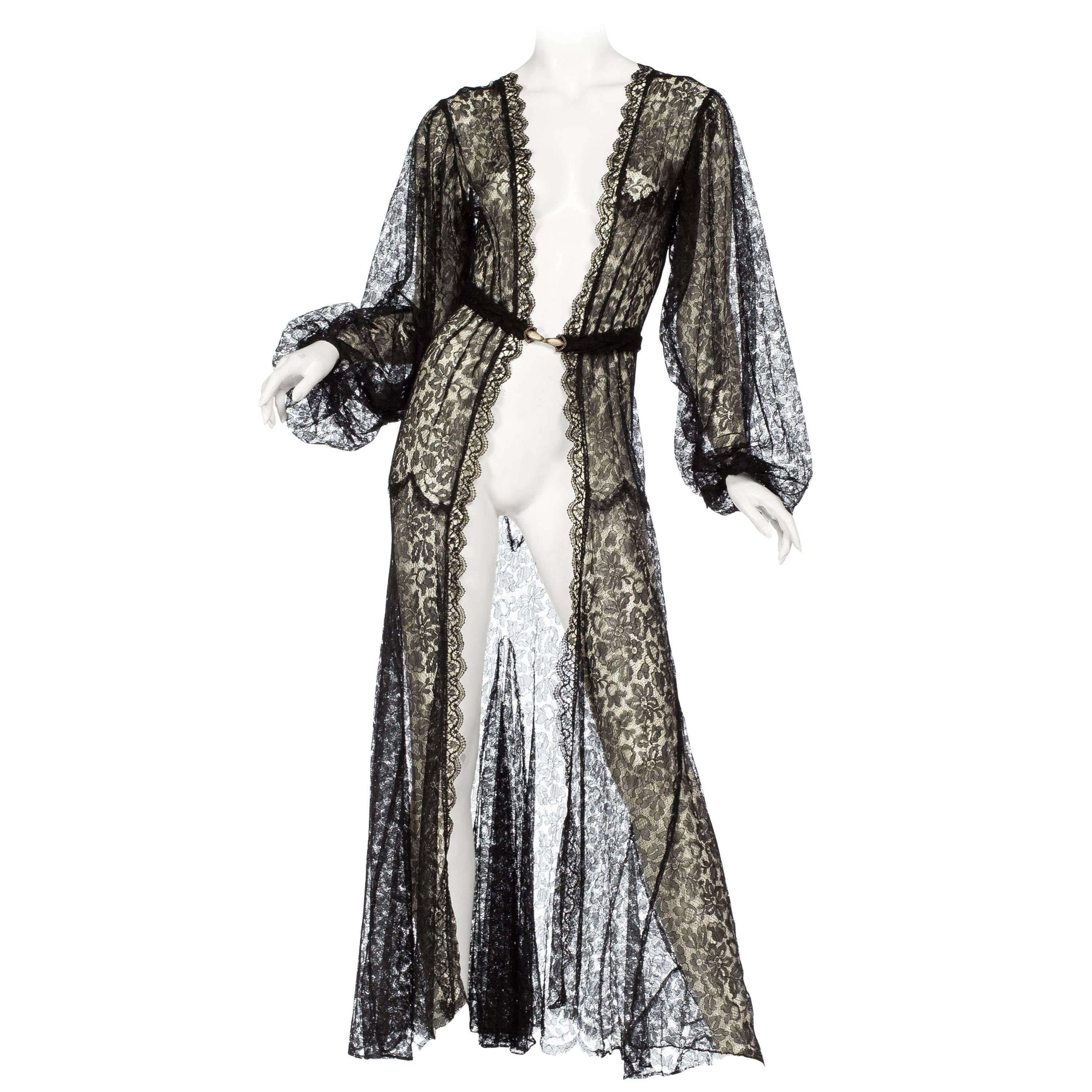 1930S Black Sheer Lace Bishop Sleeve Robe With Belt