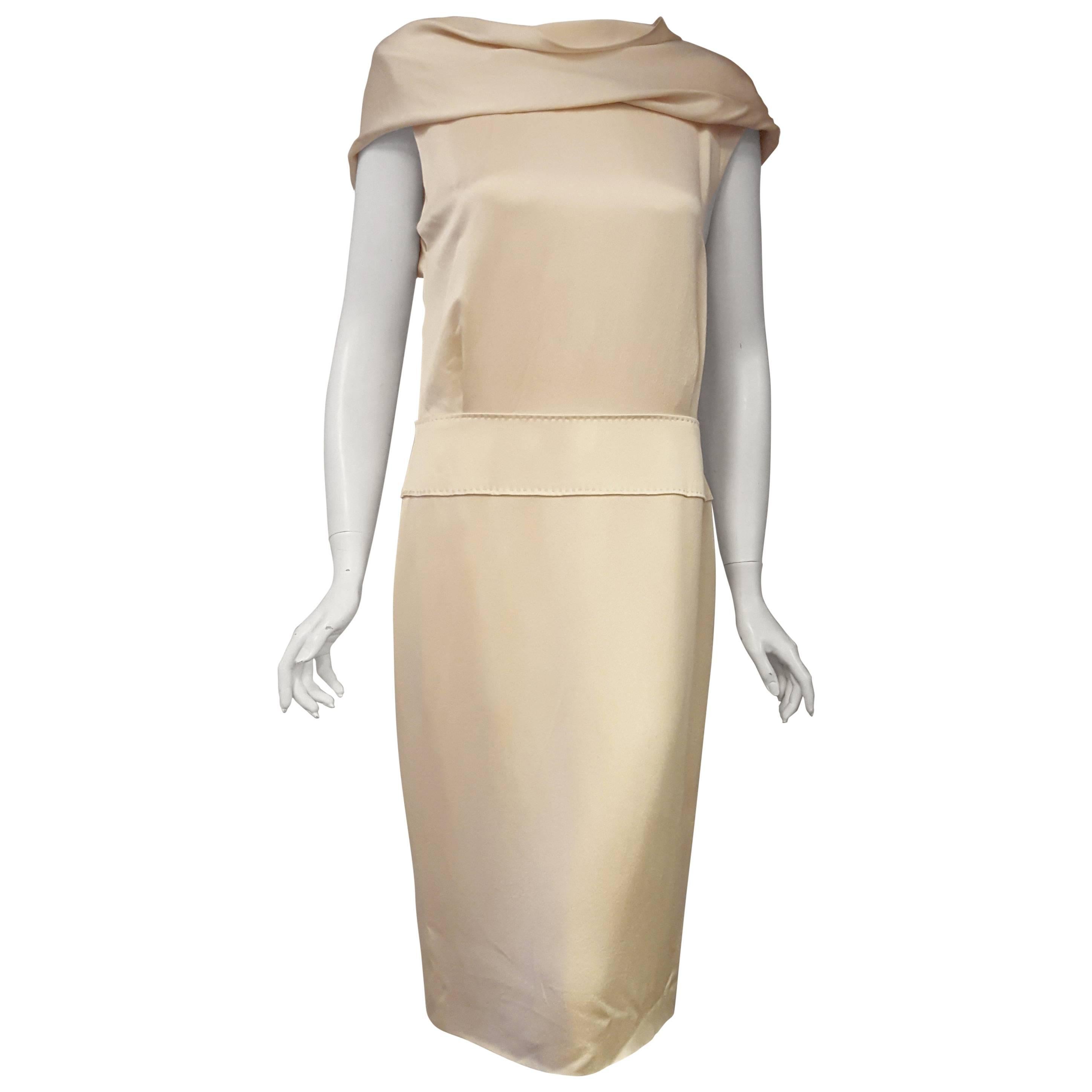 Awesome Alexander McQueen Cowl Neck Beige Hammered Silk Sleeveless Dress  For Sale