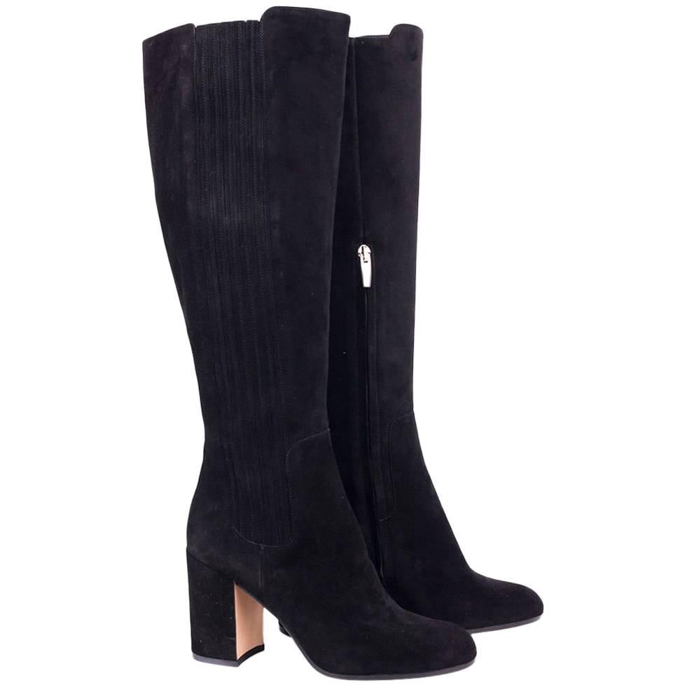 Gianvito Rossi Black Suede Side Panel Asymmetrical Tall Boots For Sale