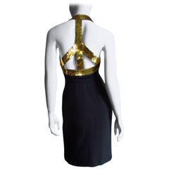 1990s Moschino Couture Gold Sequin Peace Sign Dress