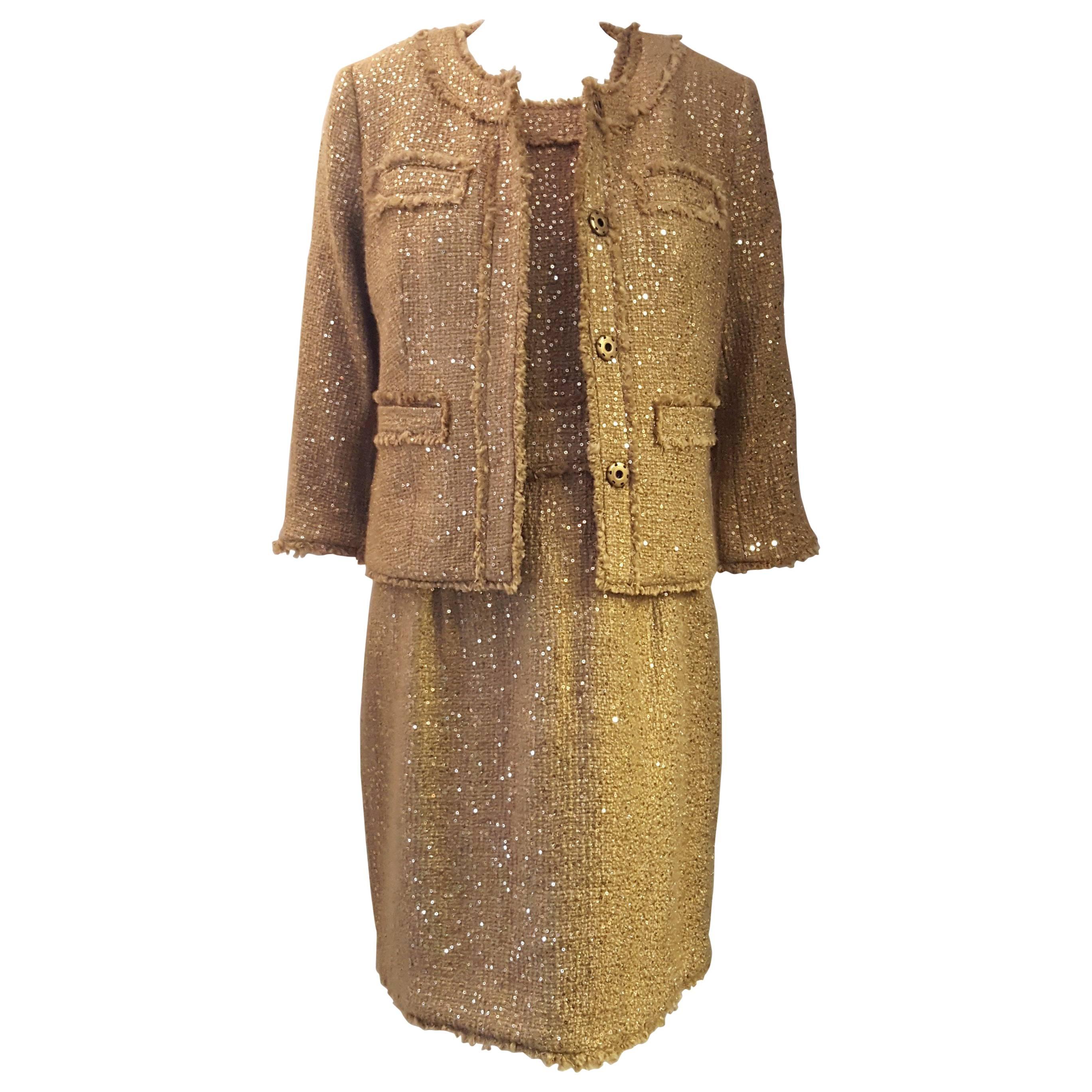 Magnificent Michael Kors Tweed  Two Piece Dress Suit Rose Gold Tone Sequin  For Sale