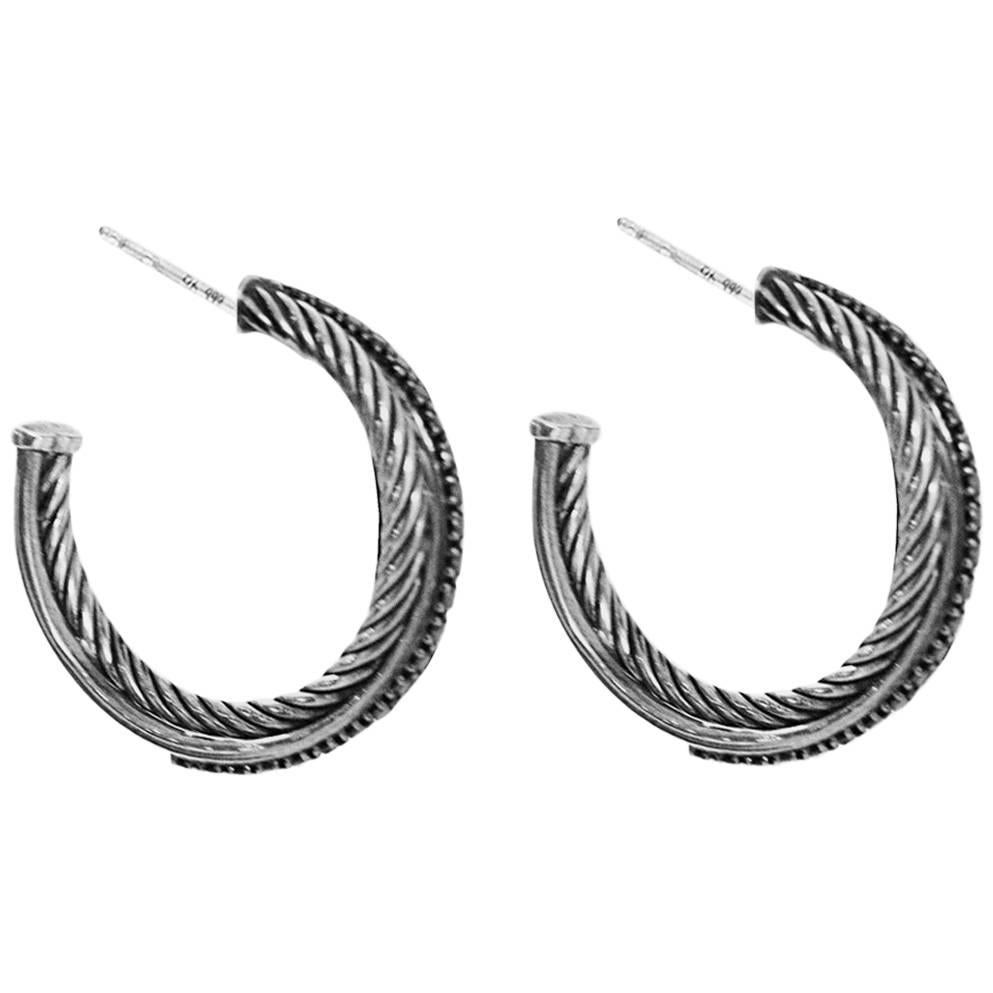 David Yurman Sterling & Black Diamond Medium Crossover Hoop Earrings