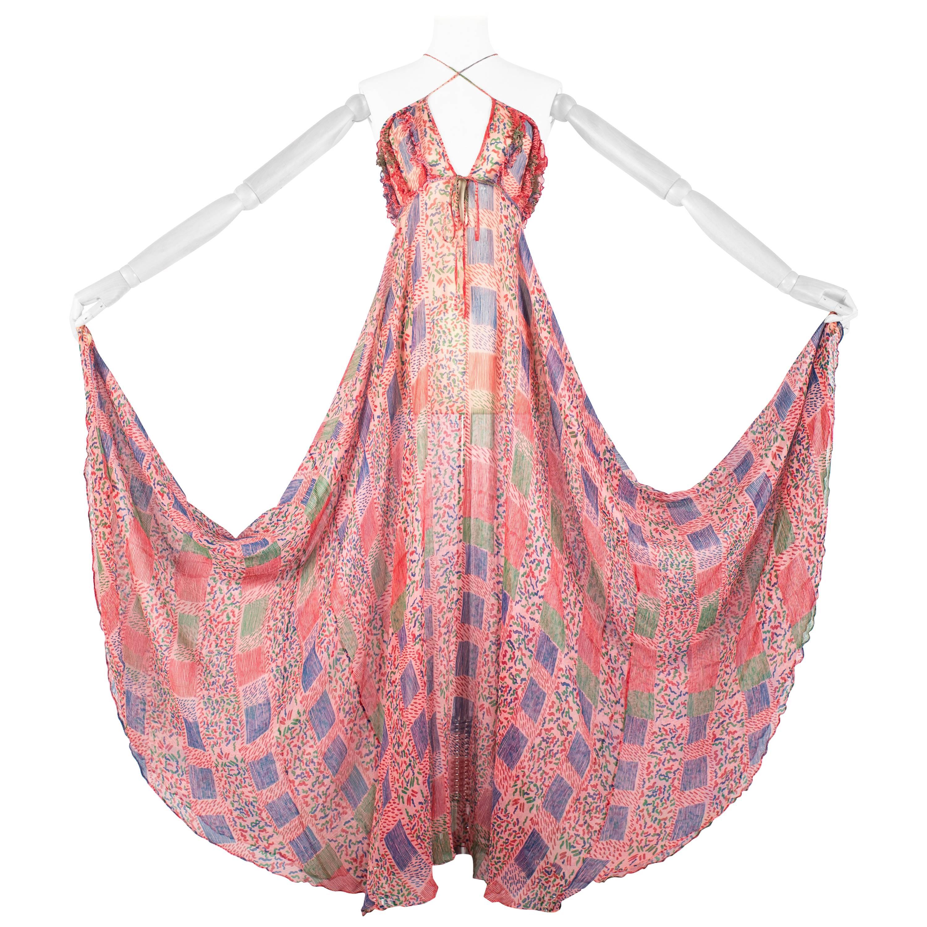Ossie Clark / Celia Birtwell chiffon maxi dress with criss-cross lacing, c1976