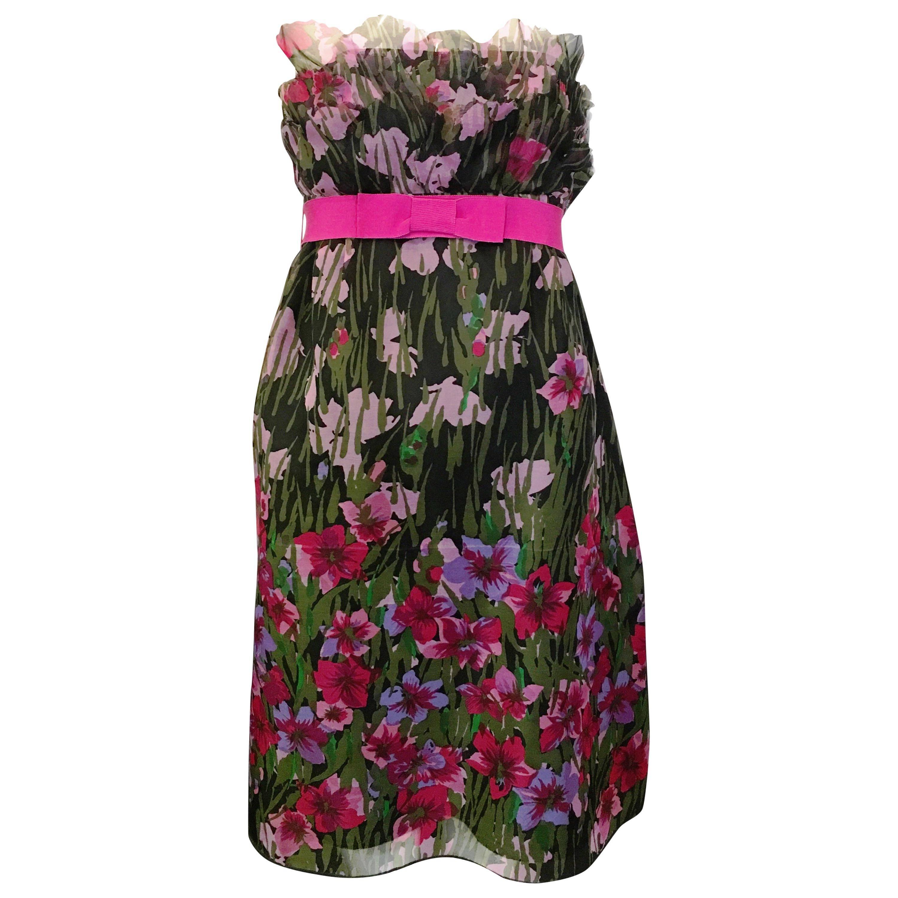 1990s Anna Sui Strapless Floral Dress with Ribbon