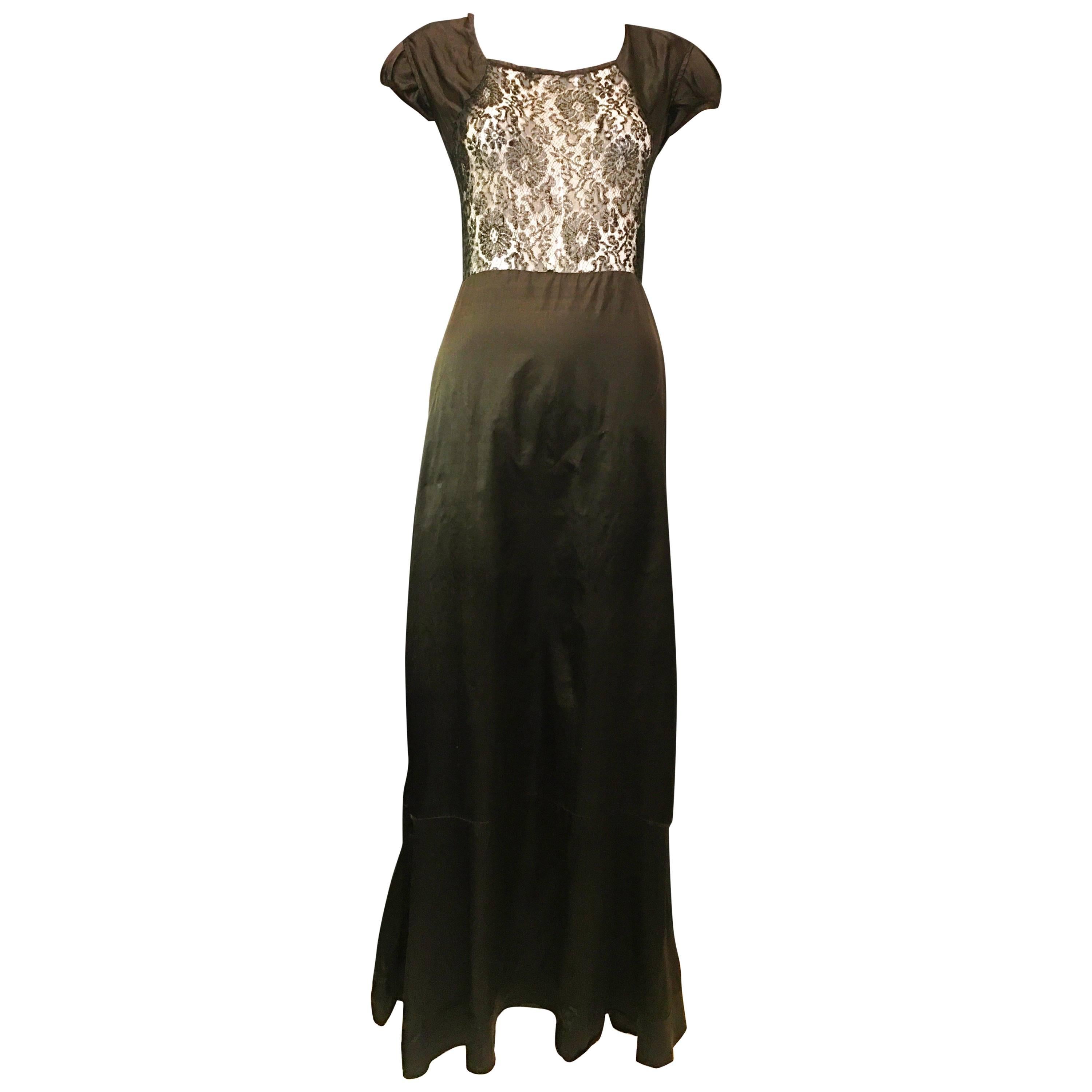 Black Full Length Dress with Lace Paneling, 1950s   For Sale