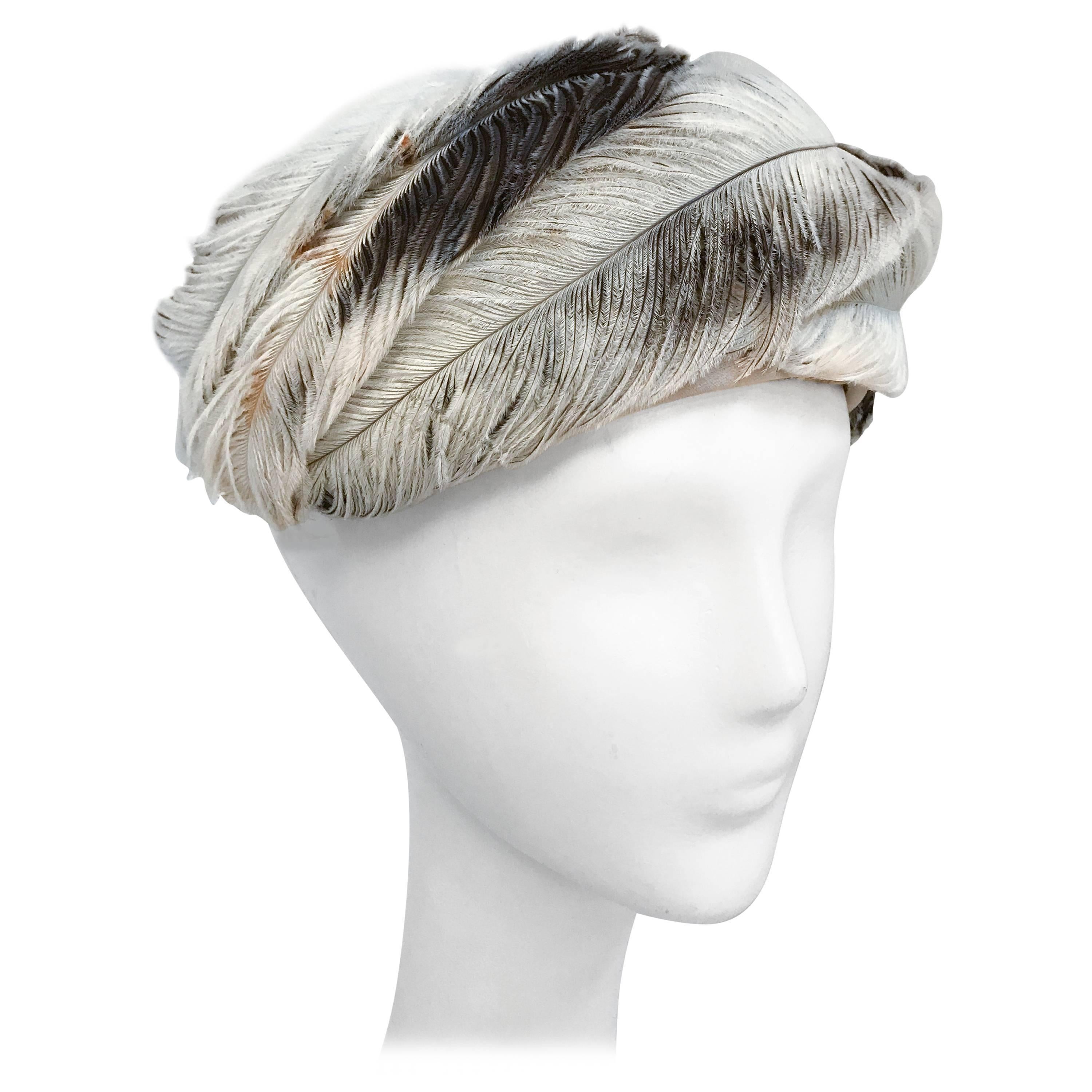 1950's White and Brown Feather Hat For Sale