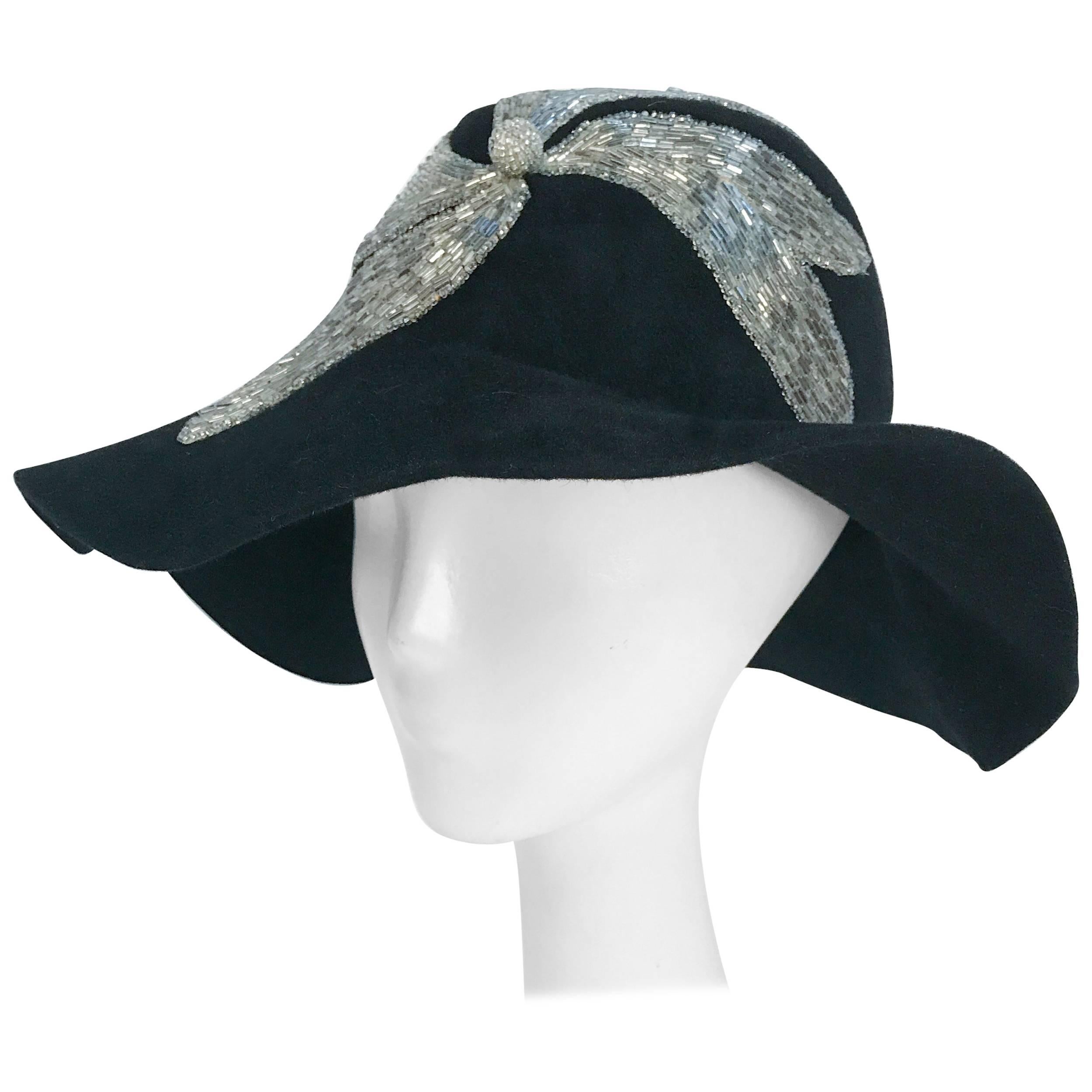 Black and Silver Appliqué wide brimmed hat, 1970s 